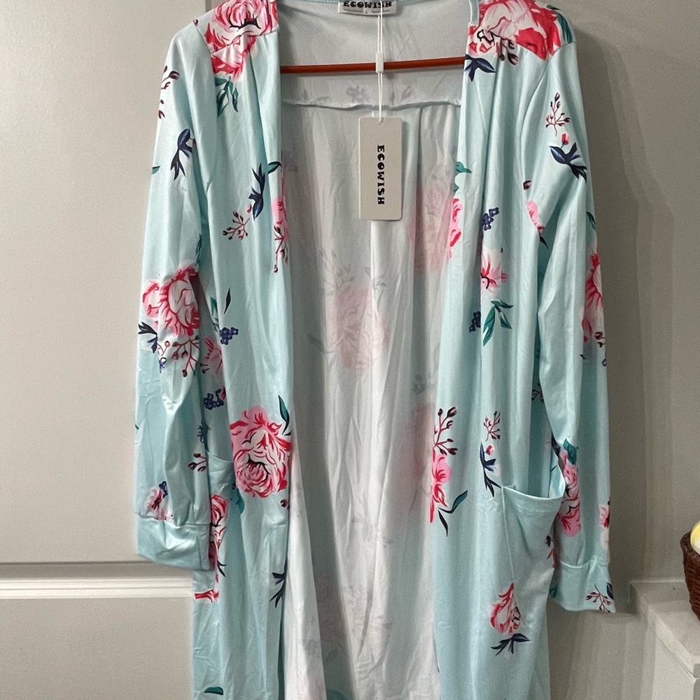 EcoWish Mint Green Floral cardigan with Long Sleeves